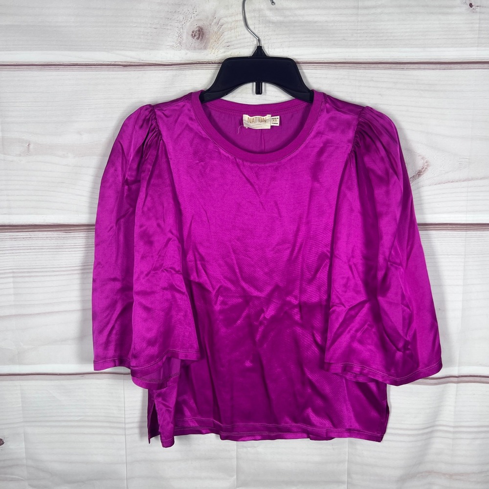 Nation LTD Top Women XS Magenta Pink Satin Puff Sleeve Blouse Crew Neck Pullover
